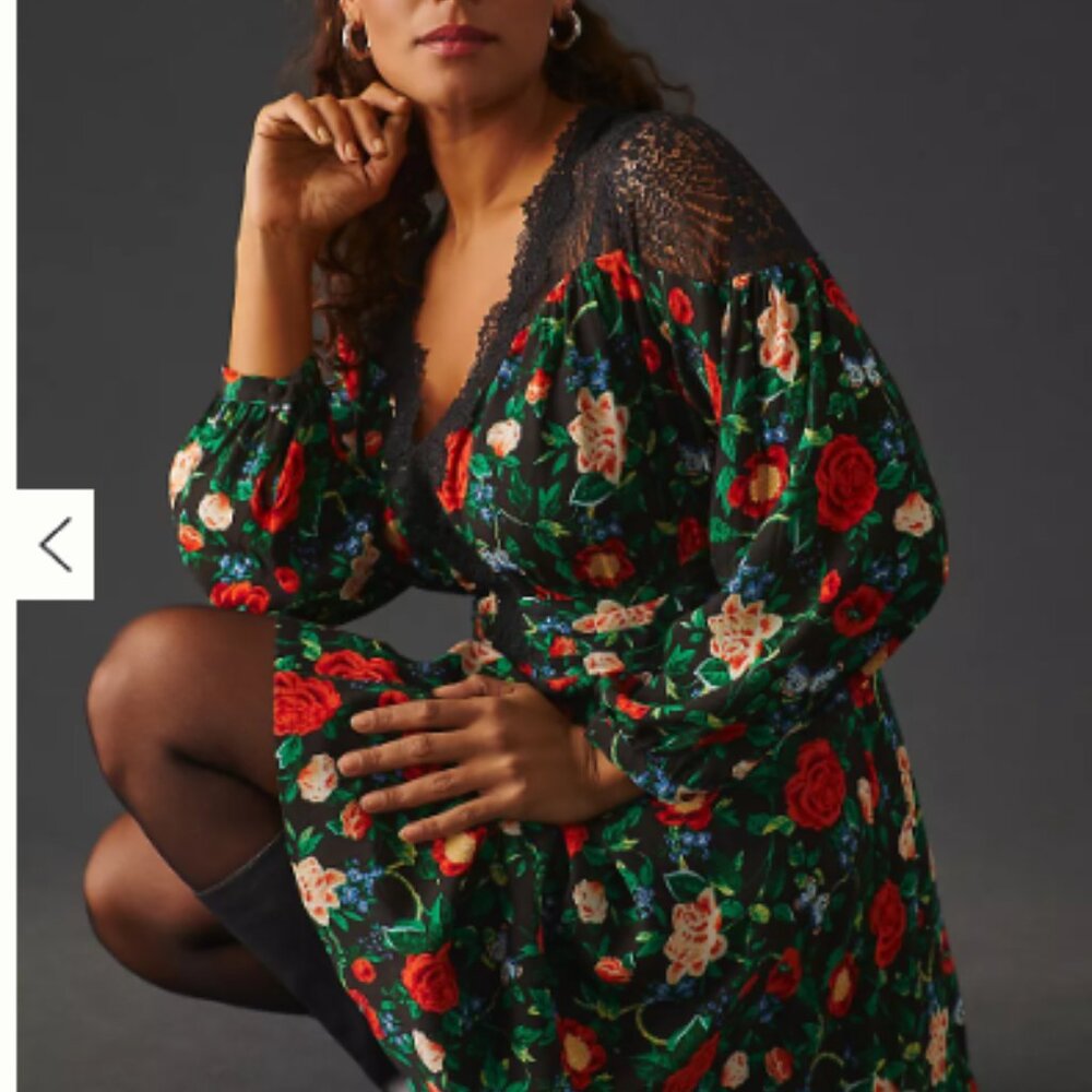 By Anthropologie Lacy V-Neck Mini Dress Floral‎ Black Long Sleeve Size 2